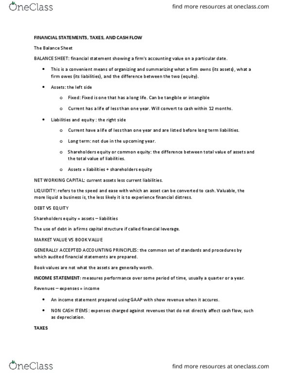 FIN 3200 Chapter Notes - Chapter 2: Income Statement, Capital Structure, Current Liability thumbnail