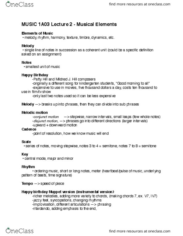 MUSIC 1A03 Lecture Notes - Lecture 2: Patty Hill, Melodic Motion, Semitone thumbnail