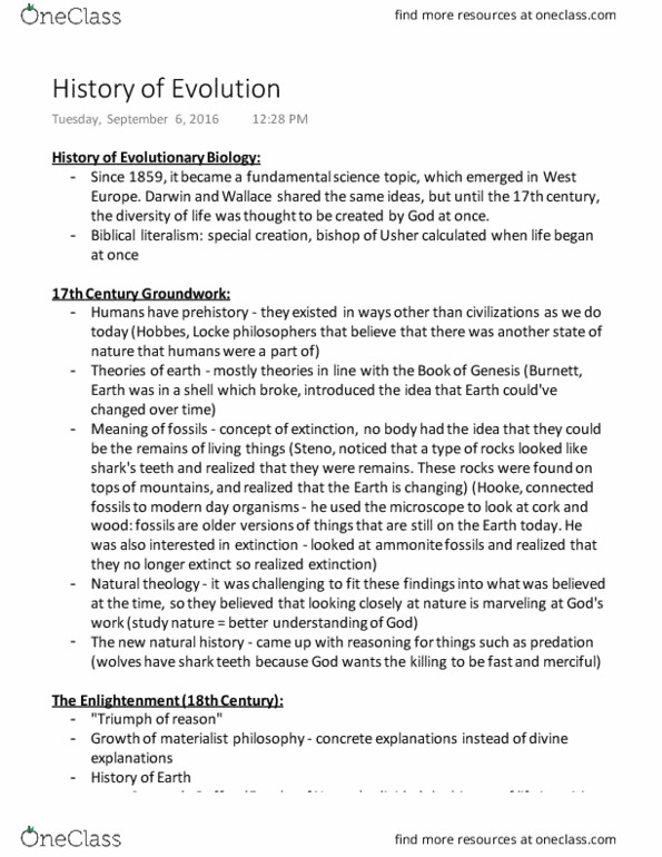 BIOLOGY 280 Lecture Notes - Lecture 2: Georges-Louis Leclerc, Comte De Buffon, Biblical Literalism, Natural Theology thumbnail