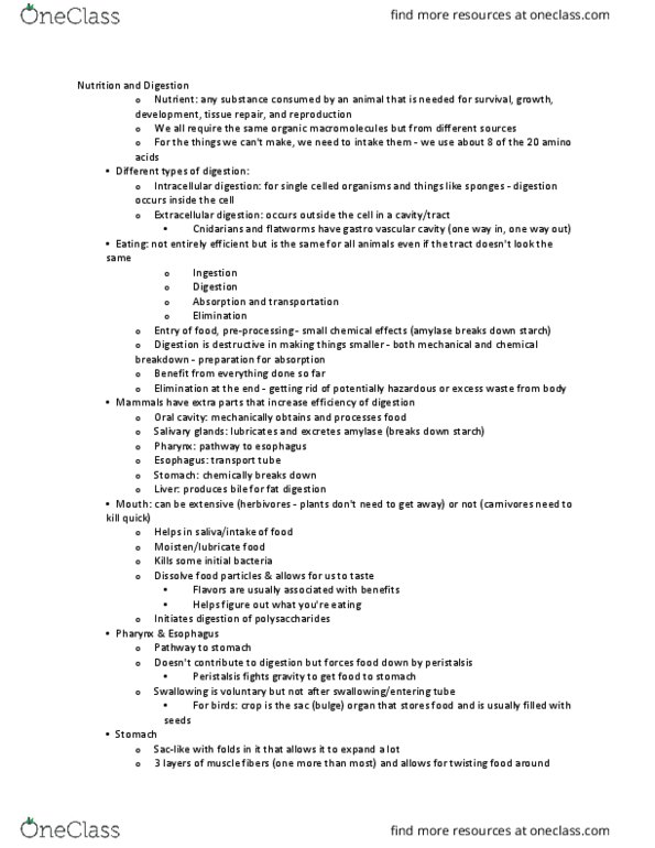 BIO 126 Lecture Notes - Lecture 2: Chylomicron, Cecum, Parietal Cell thumbnail