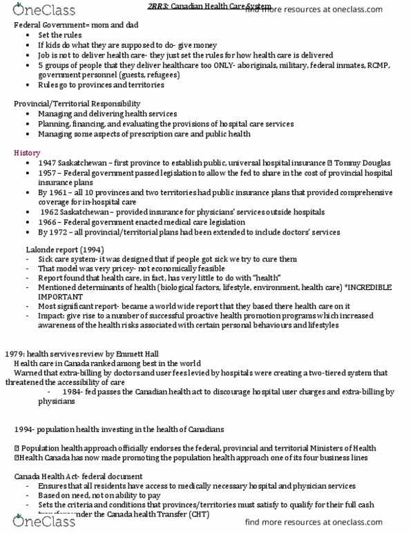 HTHSCI 2RR3 Lecture Notes - Lecture 2: Health Care In Canada, Canada Health Act, Health Canada thumbnail