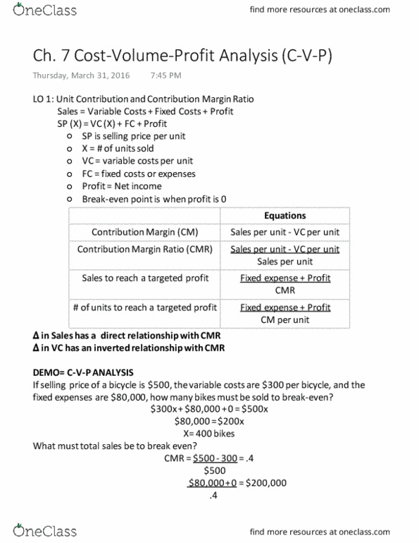 ACC 202 Chapter Notes - Chapter 7: Earnings Before Interest And Taxes, Fixed Cost, Income Statement thumbnail