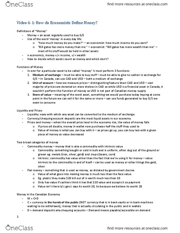 ECON 1BB3 Lecture Notes - Lecture 6: Federal Reserve System, Savings Account, Commodity Money thumbnail