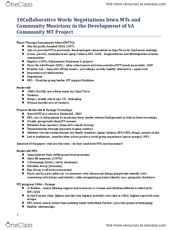 MUSIC 2MT3 Lecture Notes - Lecture 10: Social Change, Music Therapy, Therapeutic Relationship thumbnail