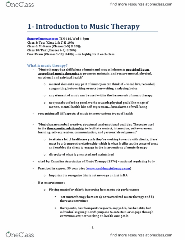 MUSIC 2MT3 Lecture Notes - Lecture 1: Therapeutic Relationship, Dementia, Music Therapy thumbnail