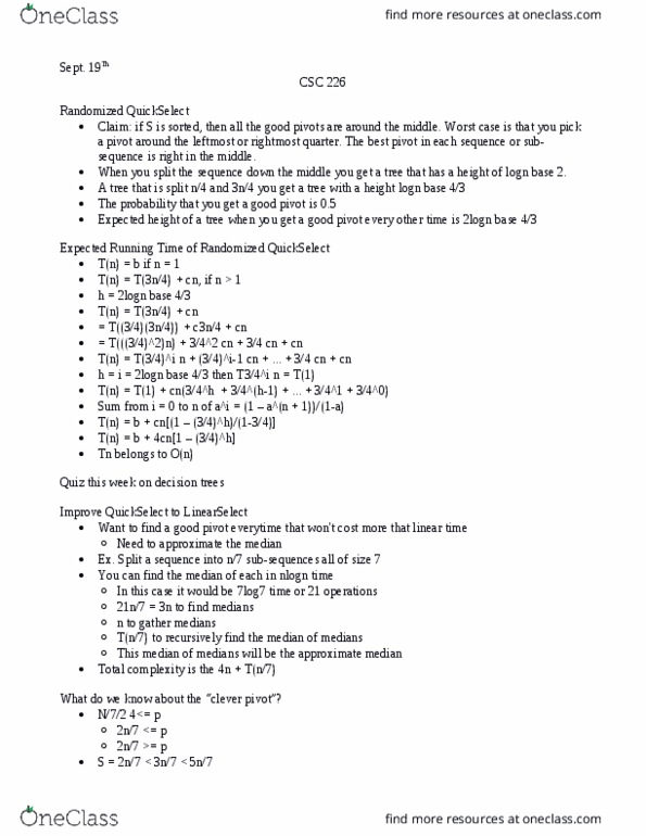 CSC 226 Lecture Notes - Lecture 6: Binary Tree, Binary Search Algorithm, Royal Institute Of Technology thumbnail