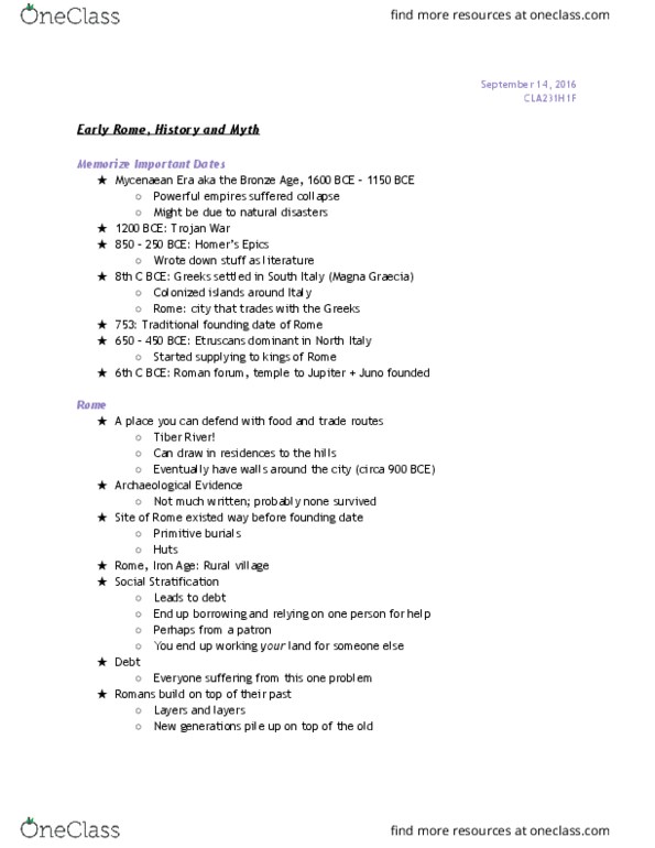 CLA231H1 Lecture Notes - Lecture 2: Tarpeia, Tullus Hostilius, Latins thumbnail