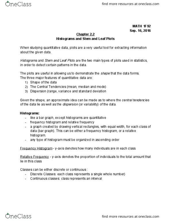 MATH 1F92 Lecture Notes - Lecture 5: Standard Deviation thumbnail