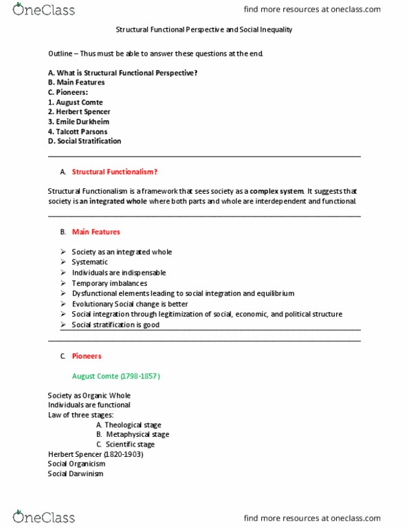 ISS 215 Lecture Notes - Lecture 2: Auguste Comte, Social Stratification, Organism thumbnail