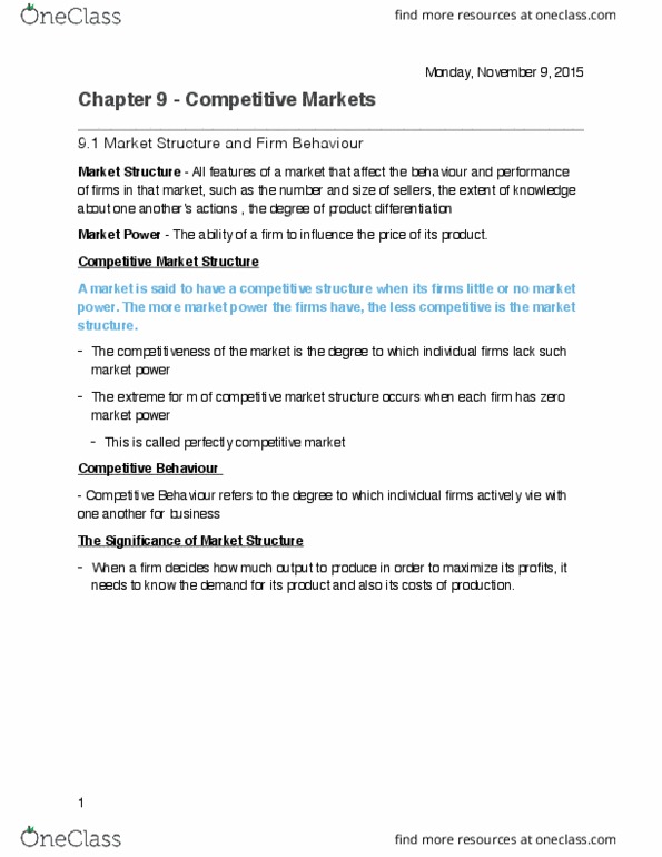 ECON 101 Chapter Notes - Chapter 9: Product Differentiation, Average Variable Cost, Takers thumbnail