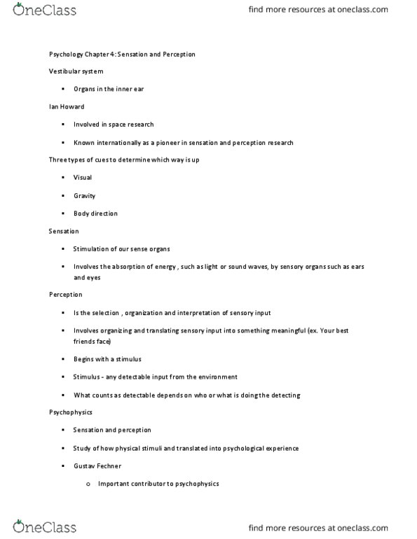 PSY100Y5 Chapter Notes - Chapter 4: Agnosia, Gustav Fechner, Taste thumbnail