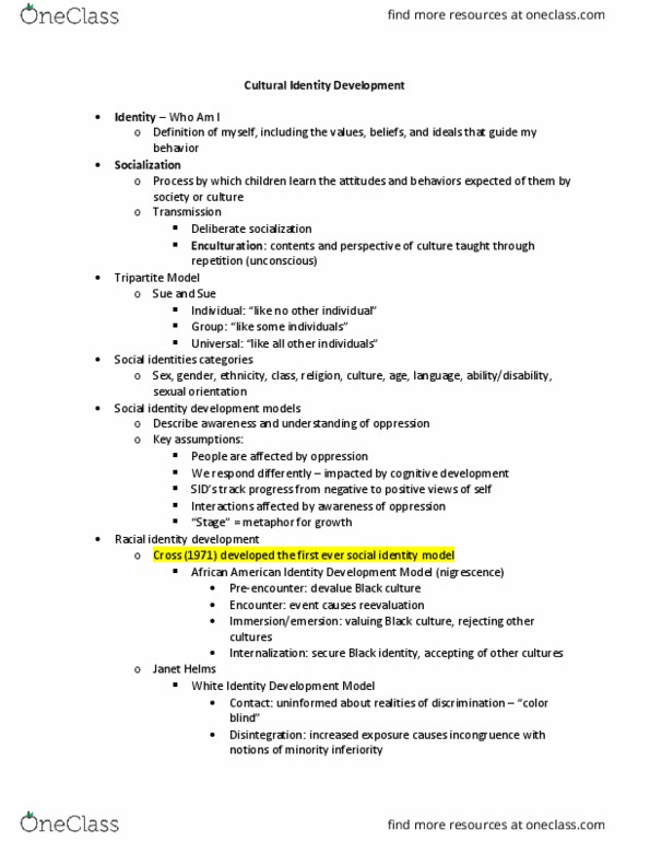 HONR 370 Lecture Notes - Lecture 3: Negrescence, Miscegenation, Internalized Racism thumbnail