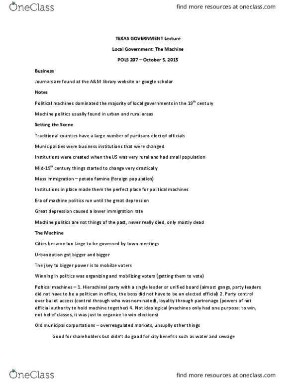 POLS 207 Lecture Notes - Lecture 12: Spoils System, Political Machine thumbnail