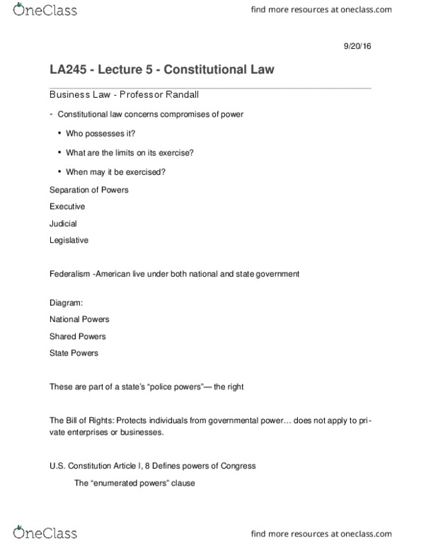 SMG LA 245 Lecture Notes - Lecture 4: Judicial Activism, Commerce Clause, Enumerated Powers thumbnail