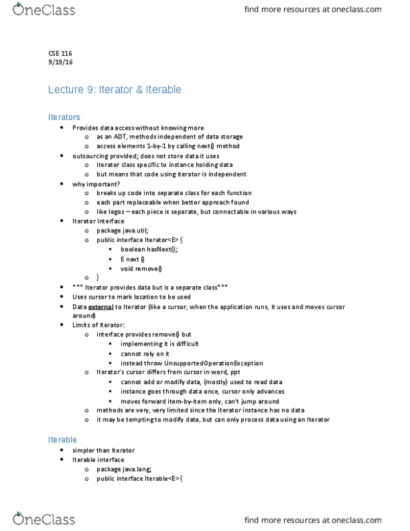 CSE 116 Lecture Notes - Lecture 9: Iterator, Null Set, Class Invariant thumbnail