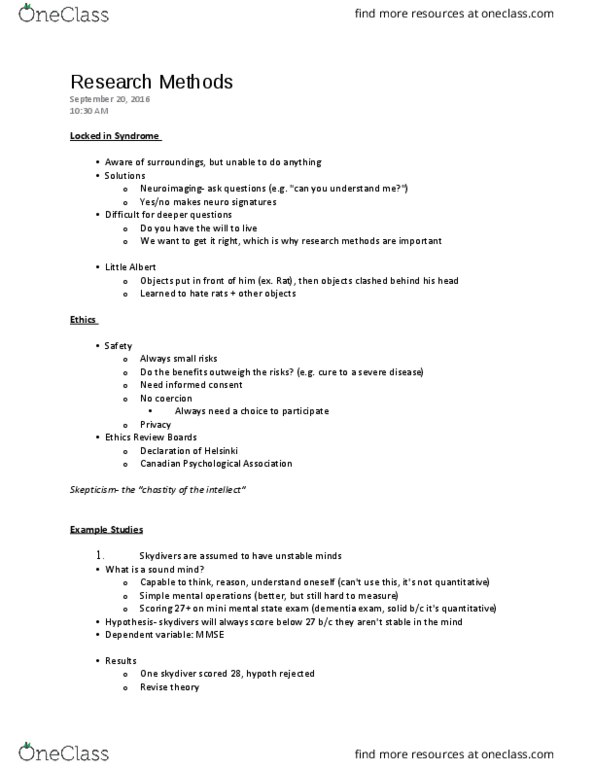 PSYC 100 Lecture Notes - Lecture 2: Little Albert Experiment, Dependent And Independent Variables, Random Assignment thumbnail