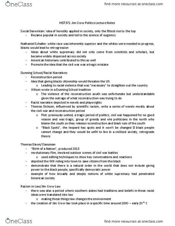 HIST 370 Lecture Notes - Lecture 2: Erectile Dysfunction, Miscegenation, Literacy Test thumbnail