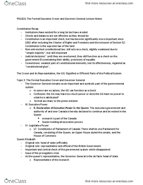 POLI 221 Lecture Notes - Lecture 2: Royal Assent, Balfour Declaration Of 1926 thumbnail