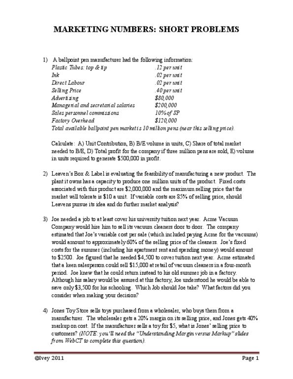 Business Administration 1220E Study Guide Fall 2012 Variable Cost 