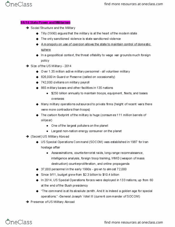 SOC 105 Lecture Notes - Lecture 5: Joseph Votel, Special Forces (United States Army), Militarism thumbnail