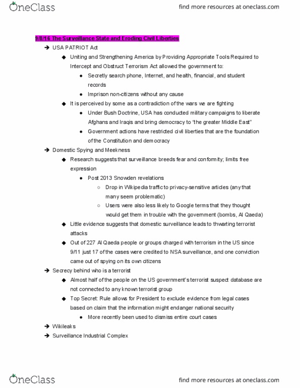 SOC 105 Lecture Notes - Lecture 6: Endangerment, Government Communications Headquarters, Patriot Act thumbnail