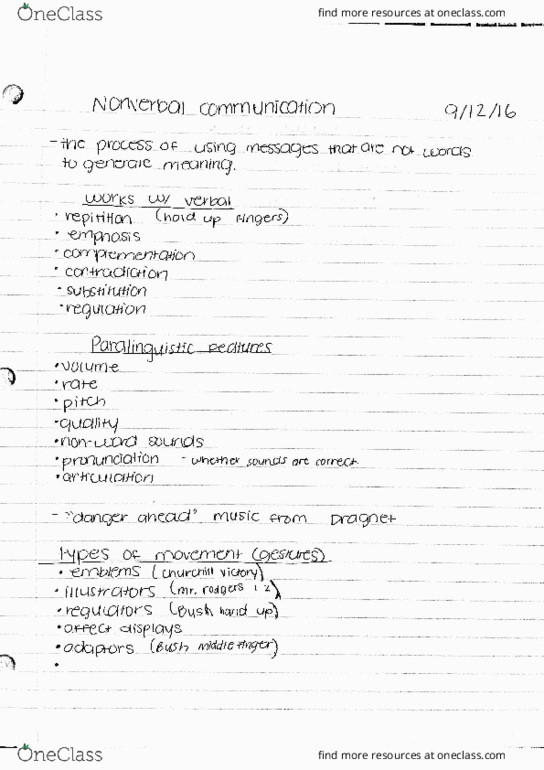 COM 1000 Lecture Notes - Lecture 6: Nonverbal Communication thumbnail
