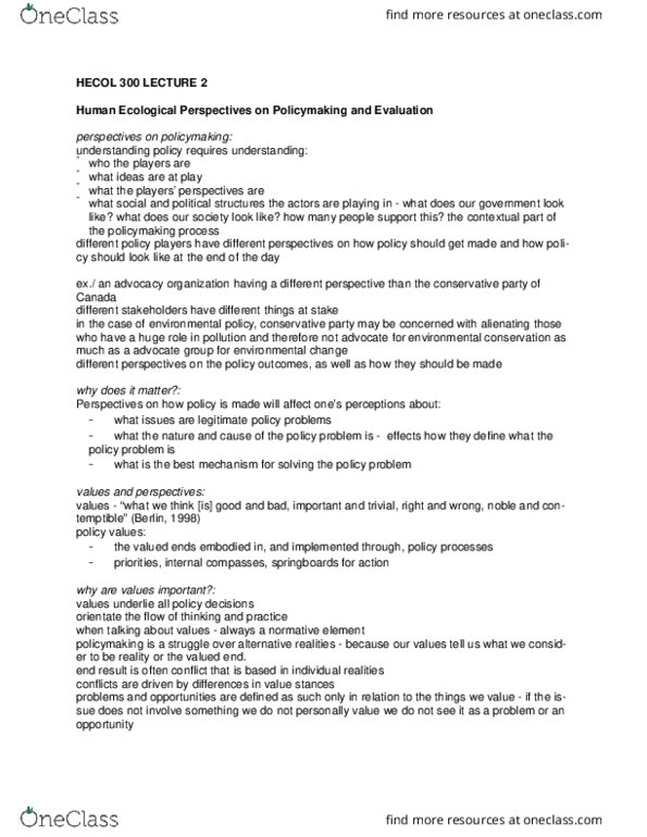 HECOL300 Lecture Notes - Lecture 2: Environmental Policy thumbnail