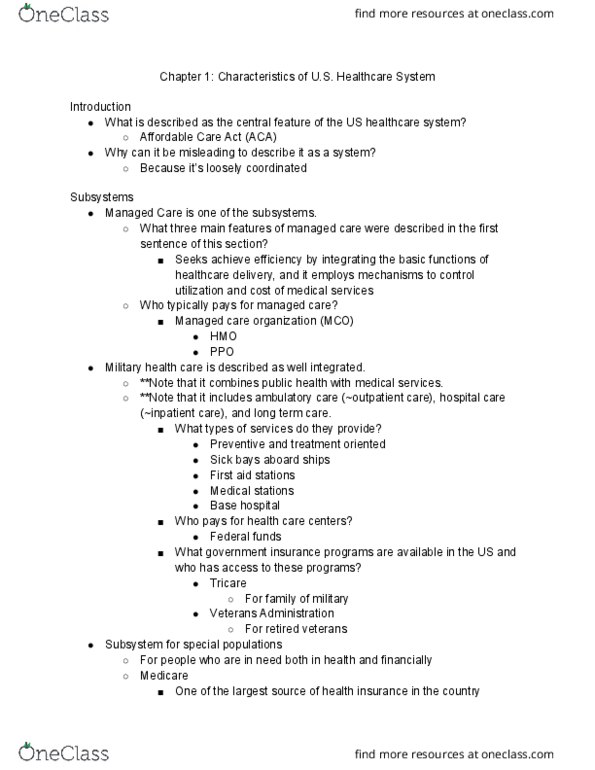 NURSING 105 Chapter Notes - Chapter 1: Patient Protection And Affordable Care Act, Government Operations, Health Maintenance Organization thumbnail