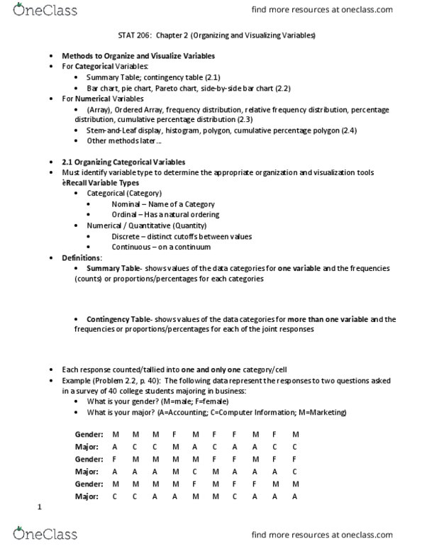 STAT 206 Lecture Notes - Lecture 2: Frequency Distribution, Ogive, Supreme Headquarters Allied Powers Europe thumbnail