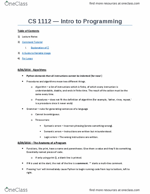 CS 1112 Lecture Notes - Lecture 1: Operand, Python, Boogaloo thumbnail