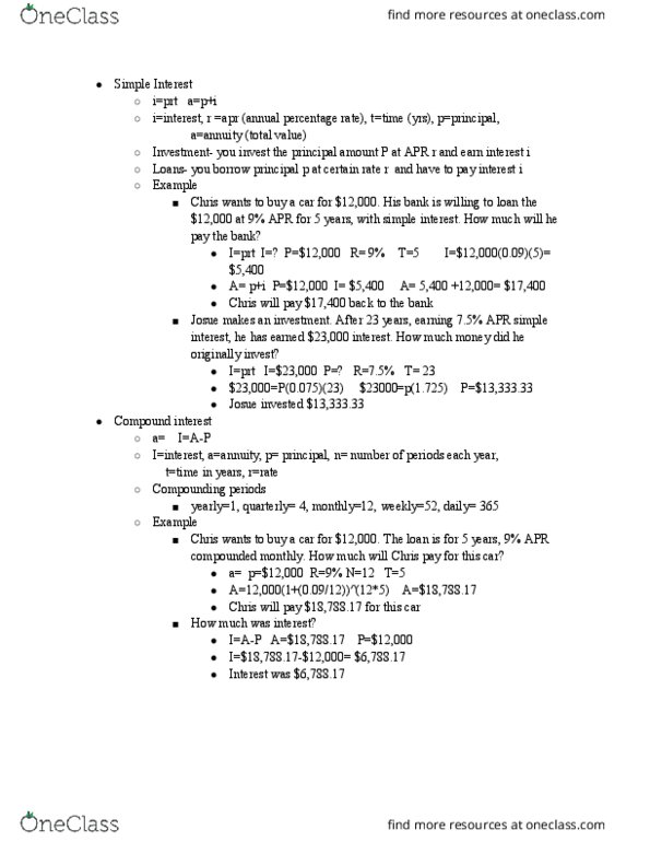 MAT-1010 Lecture Notes - Lecture 3: Annual Percentage Rate, Interest, Compound Interest thumbnail