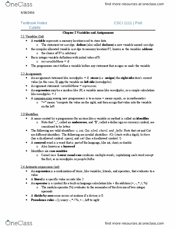 CSCI 1111 Chapter Notes - Chapter 2: Camel Case, Modulo Operation, Dollar Sign thumbnail