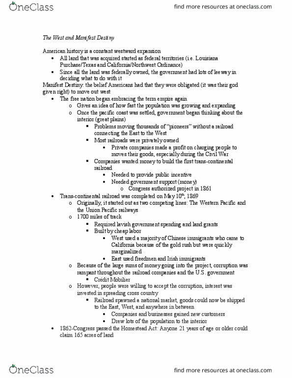 HIST 201 Lecture Notes - Lecture 2: Transcontinental Railroad, Homestead Acts thumbnail