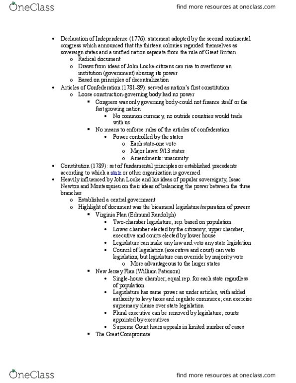 GVPT 170 Lecture Notes - Lecture 2: Edmund Randolph, Supremacy Clause, Bicameralism thumbnail