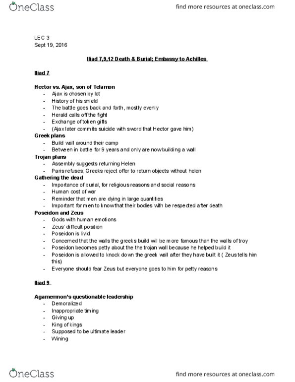 CLASSICS 1B03 Lecture Notes - Lecture 3: Iliad, Odysseus, Sarpedon thumbnail