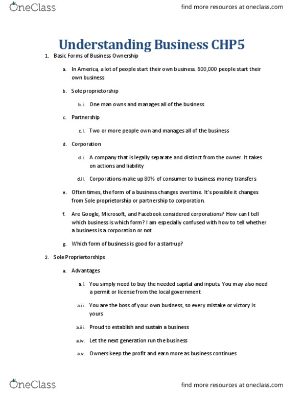 BMGT 110 Chapter Notes - Chapter 5: Limited Liability Partnership, Sole Proprietorship, Limited Partnership thumbnail