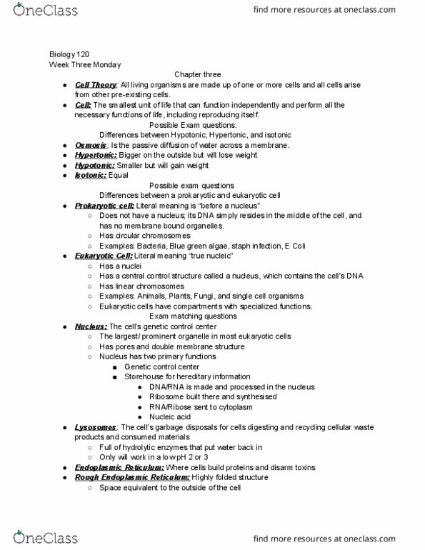 BIOLOGY 120 Lecture Notes - Lecture 3: Cyanobacteria, Escherichia Coli, Cell Theory thumbnail