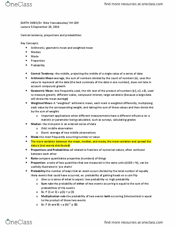 EARTHSC 3MB3 Lecture Notes - Lecture 5: Central Tendency, Weighted Arithmetic Mean, Nth Root thumbnail