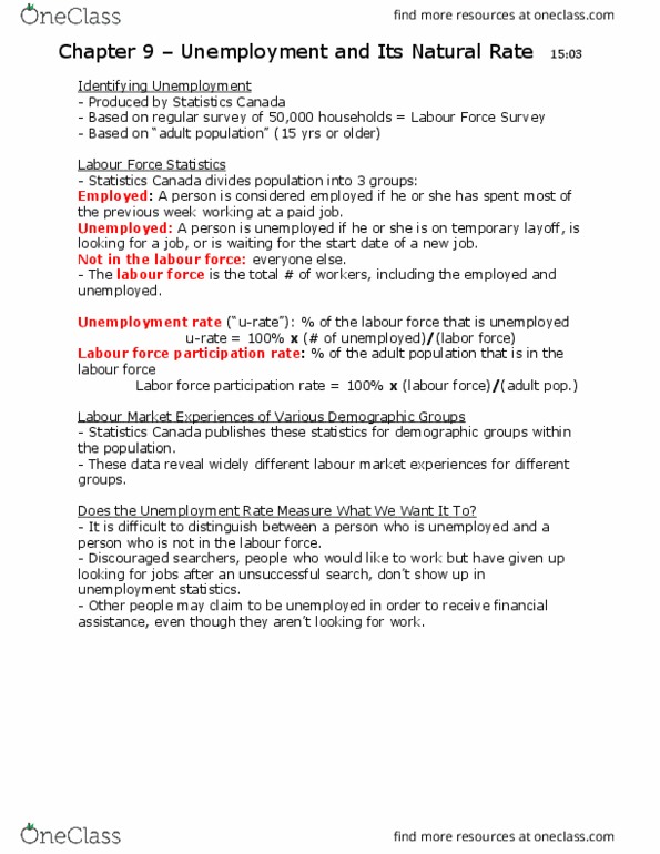 ECON102 Chapter Notes - Chapter 9: Labour Force Survey, Frictional Unemployment, Unemployment thumbnail
