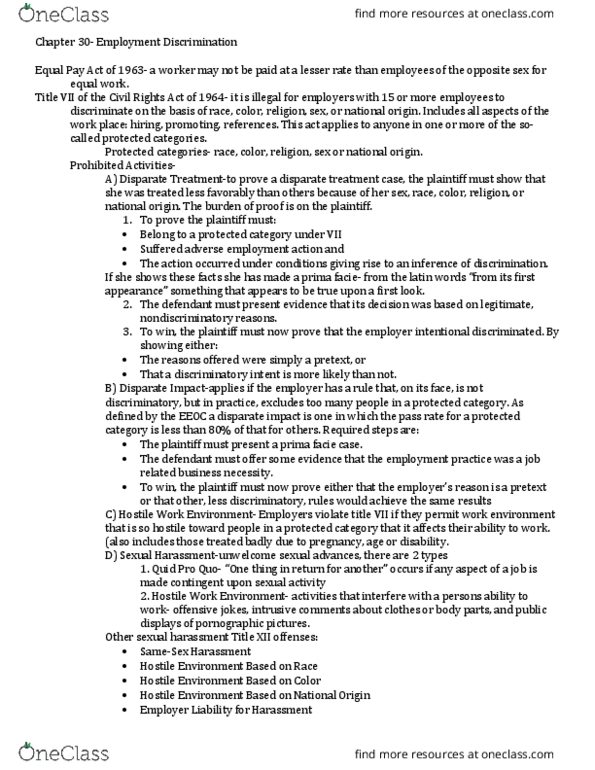 LEGL 226 Chapter Notes - Chapter 30: Hostile Work Environment, Civil Rights Act Of 1964, Pregnancy Discrimination Act thumbnail