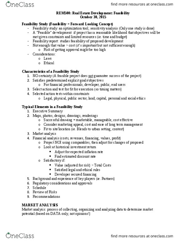 REM 500 Lecture Notes - Lecture 7: Feasibility Study, Market Analysis, Financial Analysis thumbnail