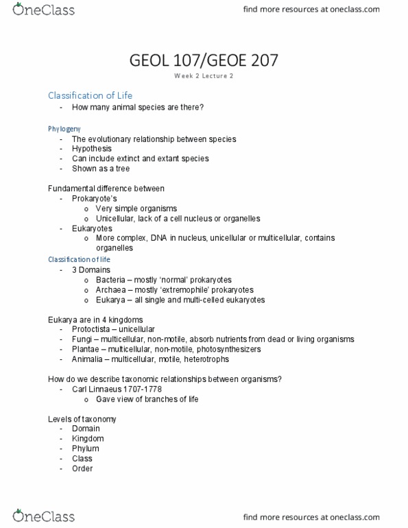 GEOL 107 Lecture Notes - Lecture 5: Carl Linnaeus, Protist, Platypus thumbnail