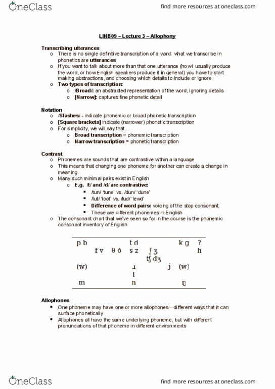 LINB09H3 Lecture Notes - Lecture 3: Phonological History Of English Consonant Clusters, Coarticulation, Phonetic Transcription thumbnail