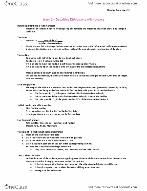 SOAN 3120 Lecture Notes - Lecture 2: Quartile, Box Plot, Standard Deviation thumbnail