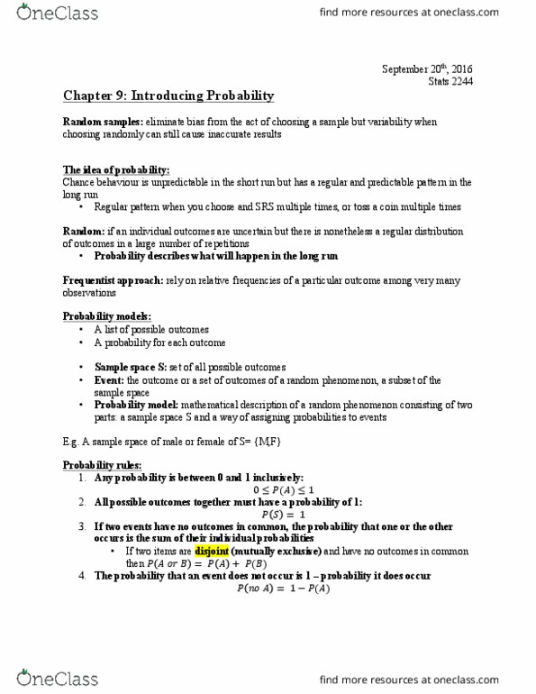 Statistical Sciences 2244A/B Chapter Notes - Chapter 9-10: Sample Space, Probability Distribution, Random Variable thumbnail