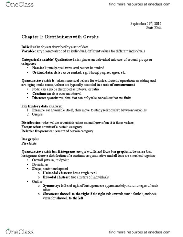 Statistical Sciences 2244A/B Chapter Notes - Chapter 1-2: Exploratory Data Analysis, Qualitative Property, Categorical Variable thumbnail