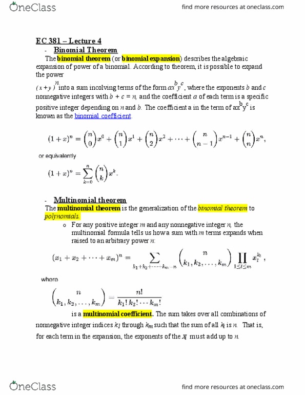 ENG EC 381 Lecture Notes - Lecture 4: Binomial Theorem, Binomial Coefficient, Binomial Distribution thumbnail
