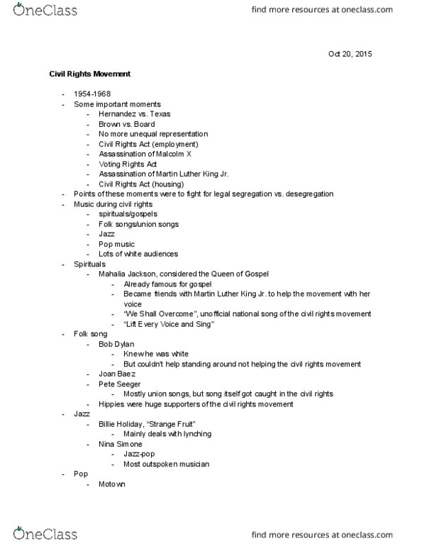 MUS 114 Lecture Notes - Lecture 6: Mahalia Jackson, Voting Rights Act Of 1965, Folk Music thumbnail