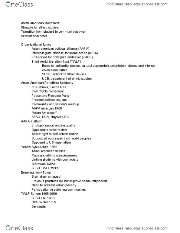 ASAMST 20AC Lecture Notes - Lecture 4: Asian American Political Alliance, Yuji Ichioka, Asian American Movement thumbnail