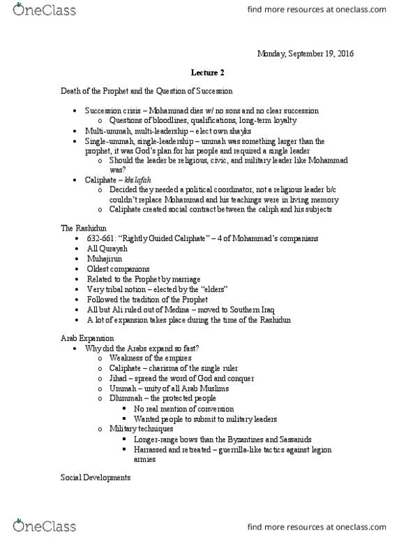 HSTR 377 Lecture Notes - Lecture 2: Quraysh, Ummah, Marwanids thumbnail